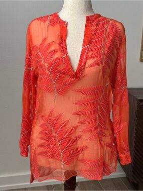 Alice + Olivia Coral Silk Sheer Fern-Embroidered Top